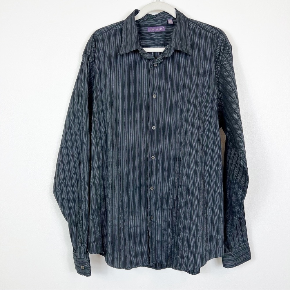 Ted Baker Striped Long Sleeve Button Down Shirt Black Size (5) Large